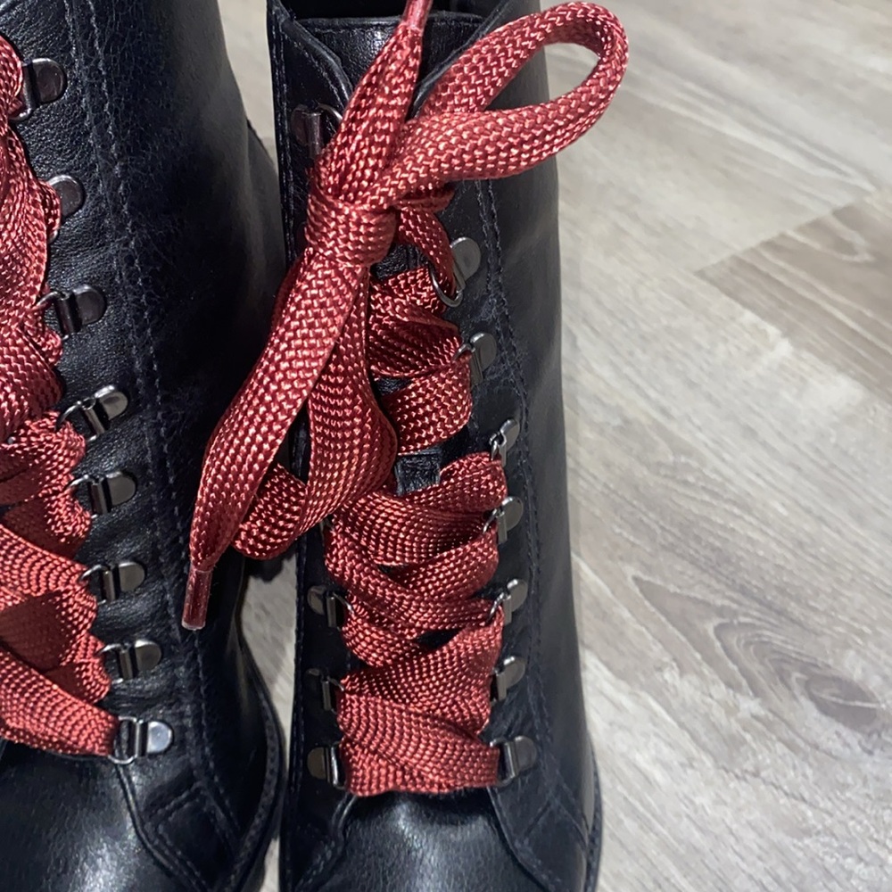 Schutz Black Booties women size 9 with burgundy & black shoelaces 4 inch heel  - Picture 6 of 10